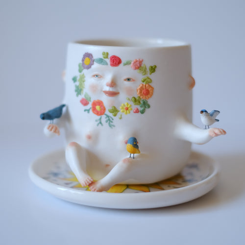 Floral Wreath Lady Pot with Bird Companions